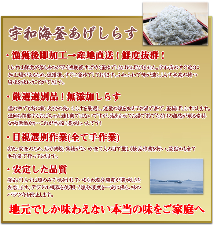愛媛県宇和海産の釜あげしらすをご家庭で味わえるお取り寄せ商品